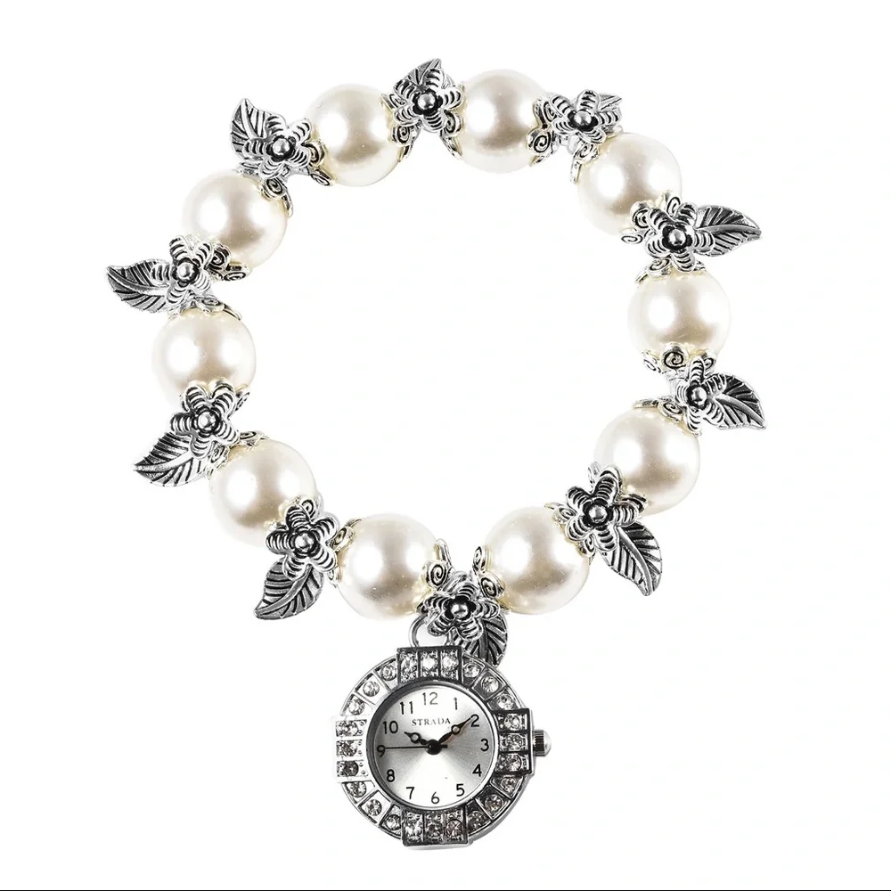 White Simulated Pearl Stretch Bracelet Watch